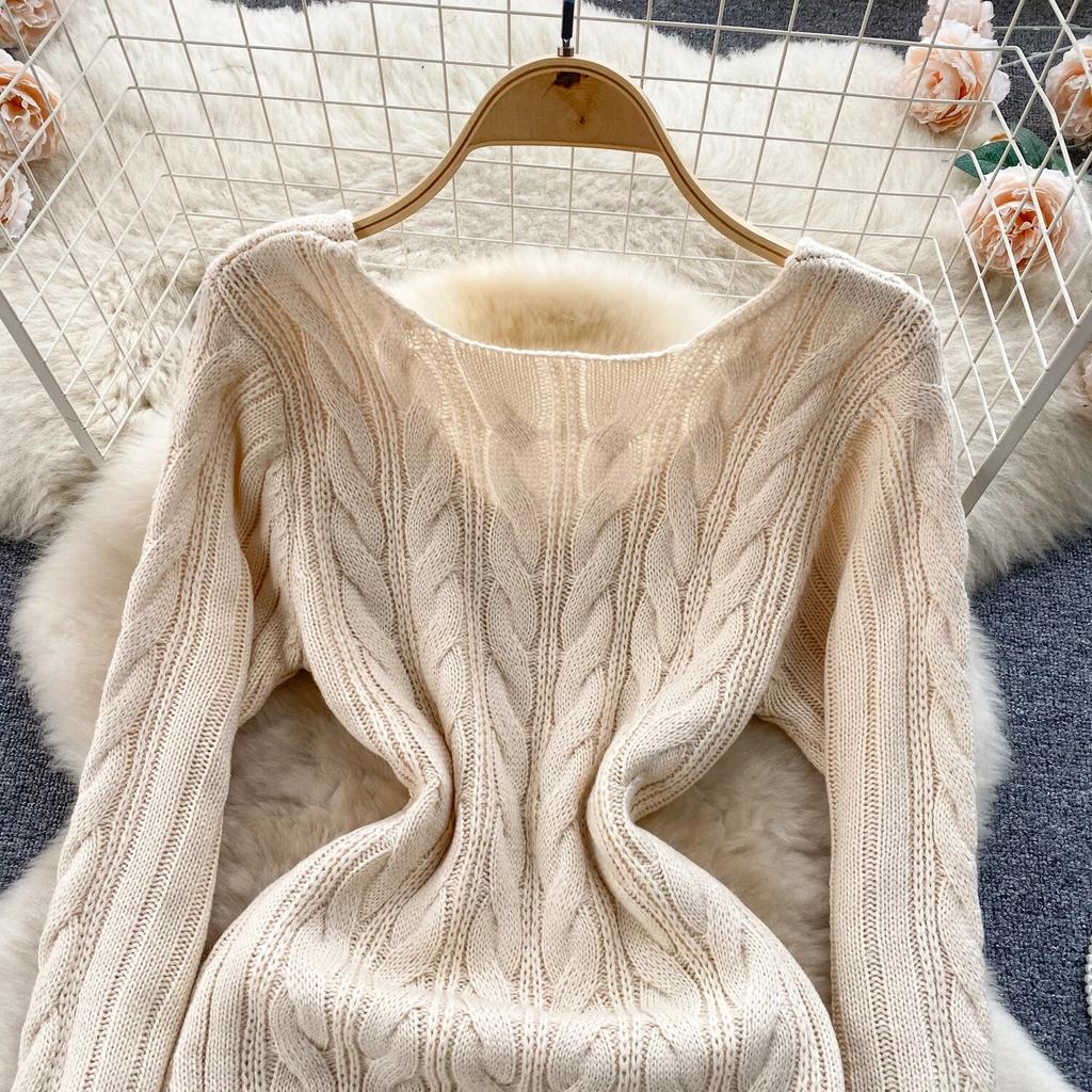 Pull mi-long pour femme, jupe de Base, rétro, fleur torsadée, coupe cintrée, tempérament, col en v, manches longues, robe tricotée, hiver