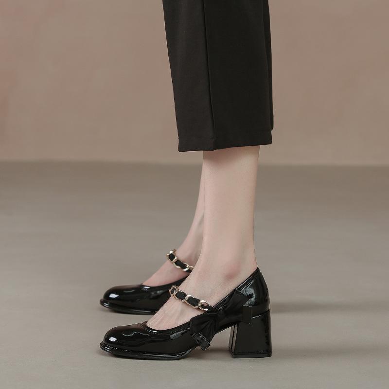 Family Season High Heels Women's Mary Jane Shoes Spring Bow Thick Heel Shoes Light Mouth Single Shoes