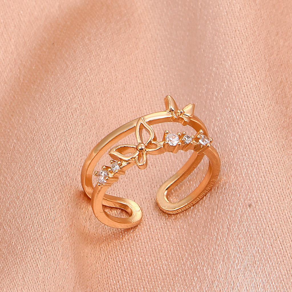 High-quality Retro Double-layer Ring for Women, Niche Ins Copper Micro-inlaid Zircon Butterfly Live Adjustable Simple Ring