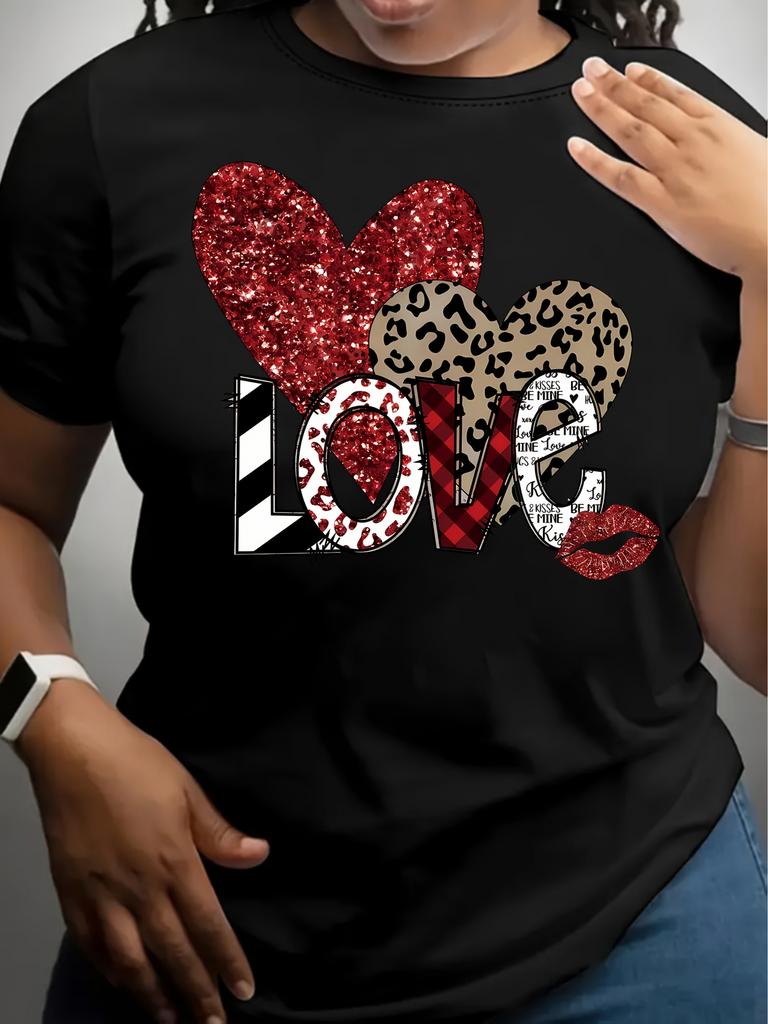 European Size Women's Plus Size  T-Shirt- LOVE Heart Design with Leopard Print, Glitter Accents& Stripes, Casual Round Neck Short Sleeve Top