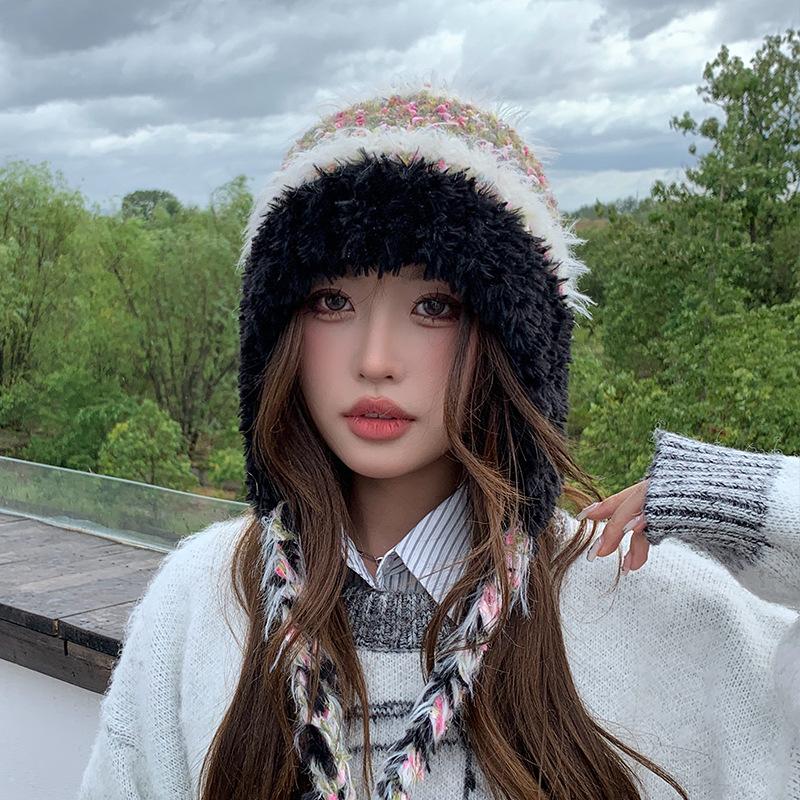 

Autumn and winter plush pullover wool hat striped thickened hat women s cold-proof knitted hat ear protector cold hat One Size кавовий