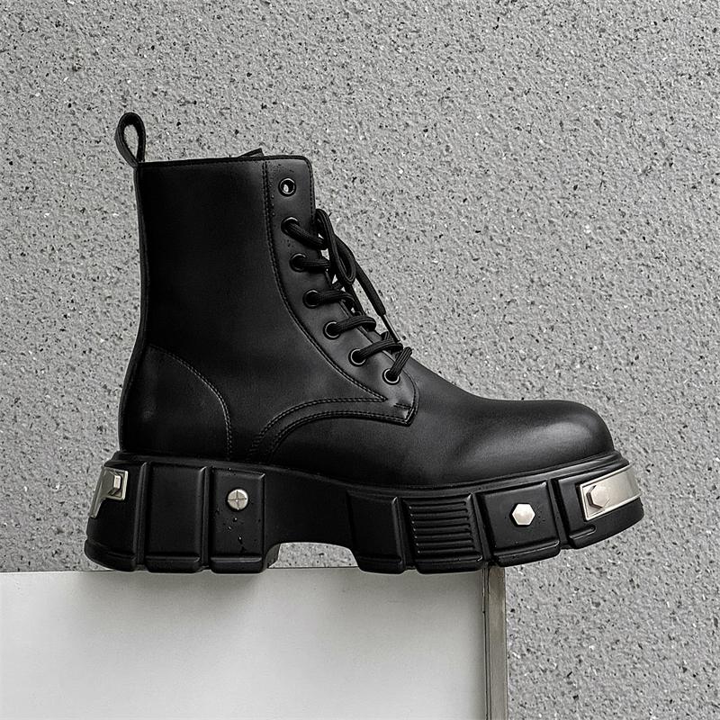 2025 Men's Motorcycle Boots Handmade Leather Lace-Up Platform Shoes Retro Street Style Comfy All-match Ankle Boots
