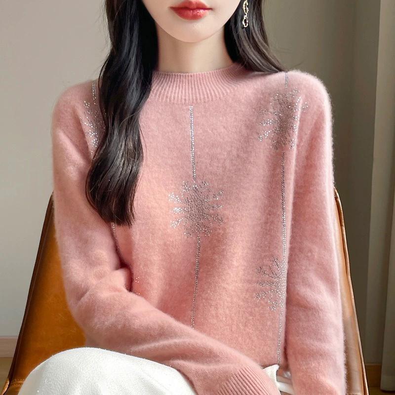 Autumn Winter Women Sweater Christmas Style Mock Neck Long Sleeve Thick Warm Pullovers Knitted Loose Bottoming Shirts Red Jumper