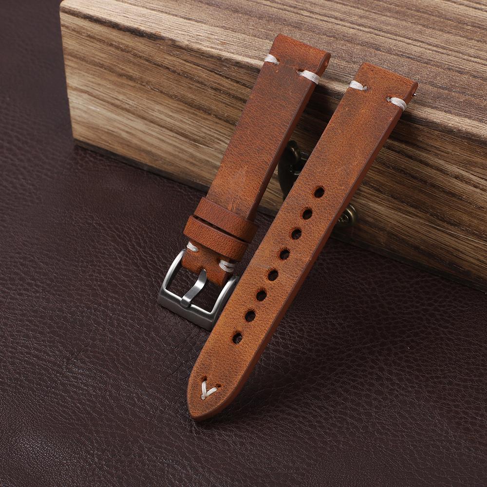 Vintage Genuine Leather Watch Band 19mm 20mm 22mm 24mm Brown Coffee Handmade Stitching Cowhide Strap Bracelet Watch Accessories