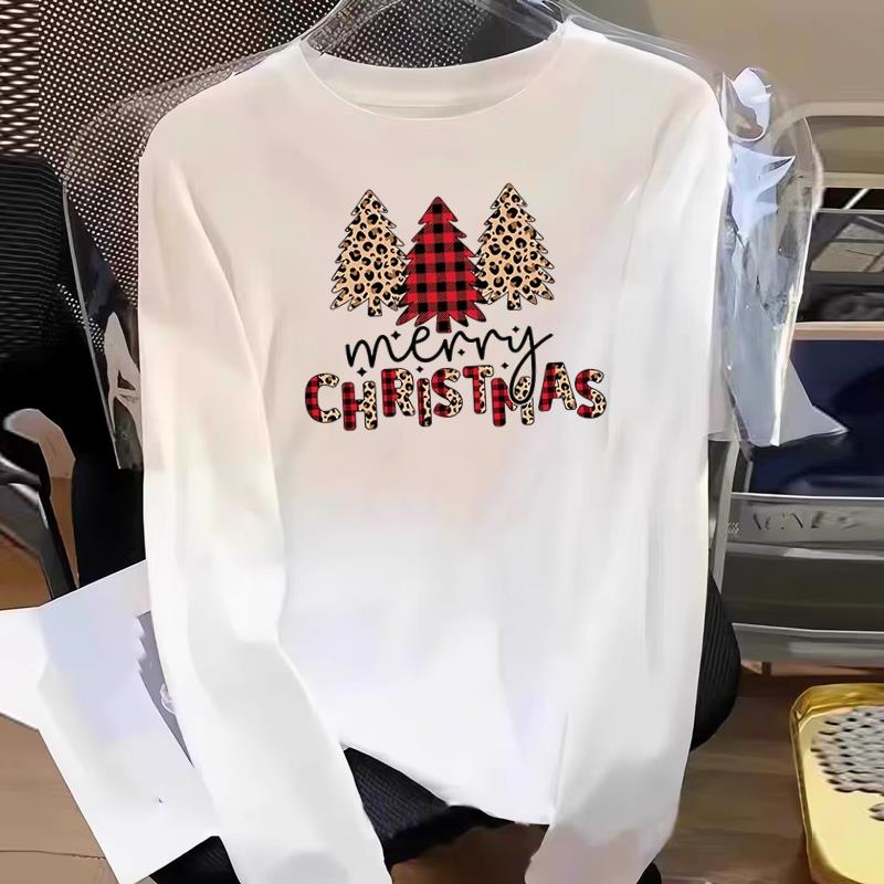(Asian Size) Truck Watercolor Graphic Tee Women Merry Christmas New Year Print Casual Fashion Top O-neck Clothing T Shirt Long Sleeve T-shirts