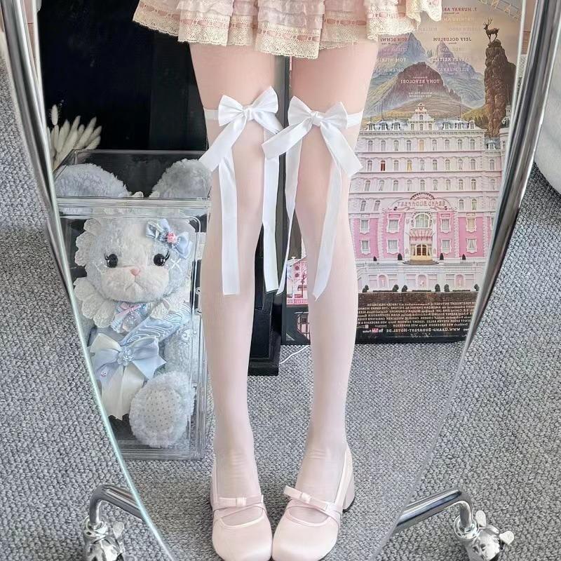 Women's Summer Thin Velvet Bowknot Ribbon JK Thigh High Stockings Sweet Lolita Princess Style Solid Color Sheer Overknee Socks