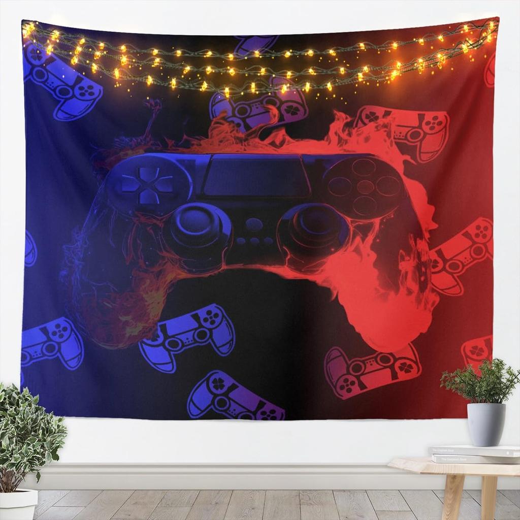 Flame Gaming Controller Tapestry, Black Background with Colorful Controller Pattern for Boys' Bedroom and Gamer Room Decor
