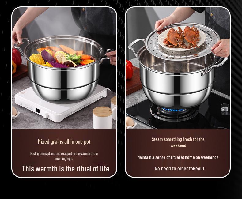 Three-Layer 304 Steel Steamer Pot with Large Capacity for Multi-Functional Cooking