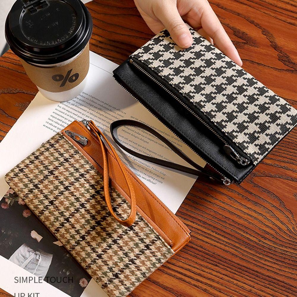 

Coin Pocket Retro Houndstooth Handbag Korean Style Women Long Purse Zipper Clutch Wallet Outdoor коричневий