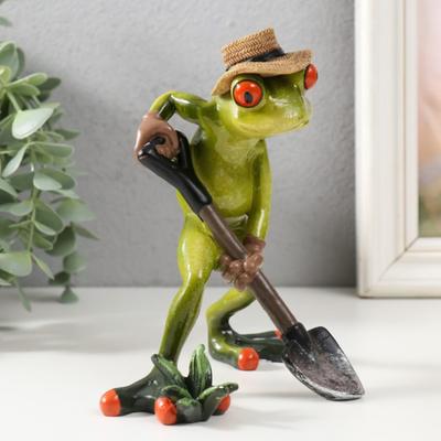 Gardening Frog Figurine Holding Shovel Green Frog Resin Statue Farmer Animal Sculpture Home Office Desktop Decoration Indoor Outdoor Garden Ornament