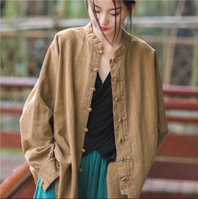 Vintage Shirt Women Chinese Style Frog Solid Simple Leisure Loose Comfortable Single Breasted O-neck Minimalist Autumn Wear