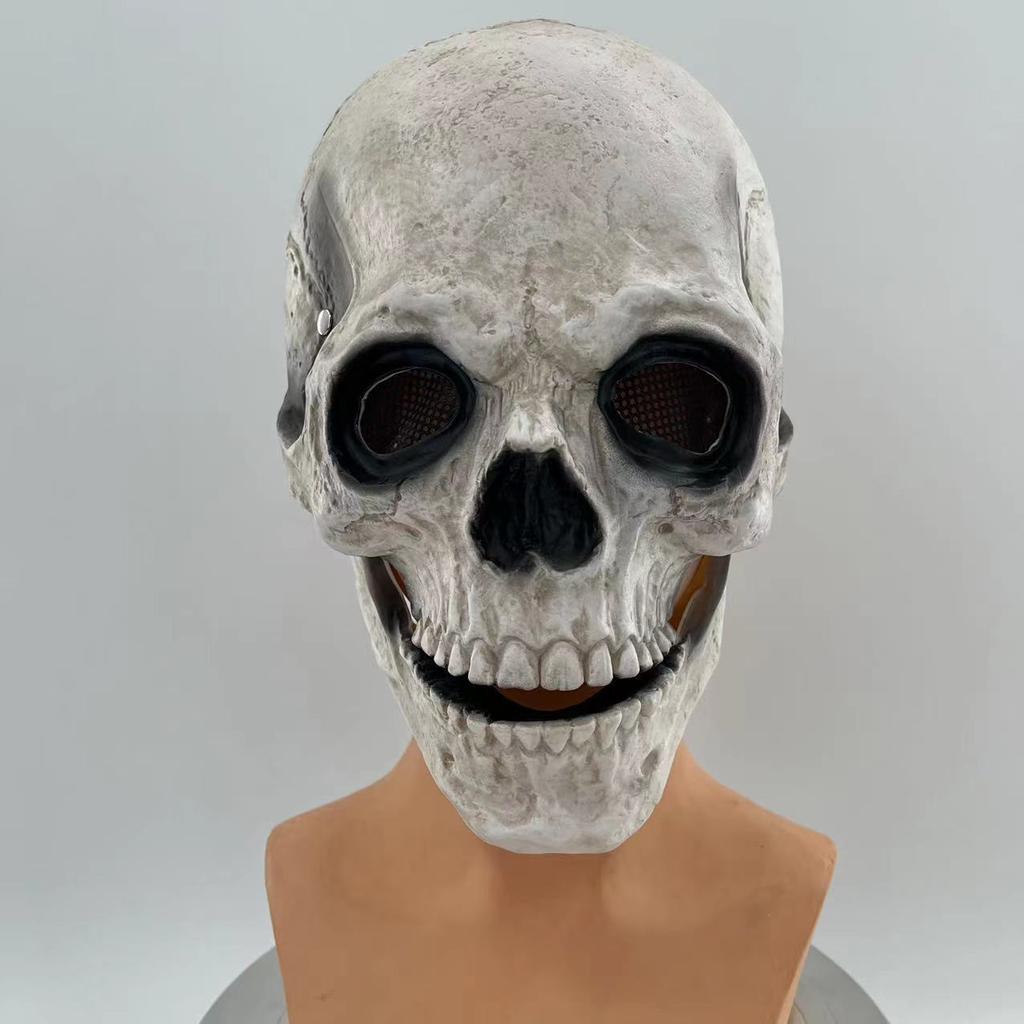 Realistic Full-Head Moving Jaw Latex Skull Mask Reusable Horror Skeleton Costume for Halloween Party Haunted Funny Party Mask