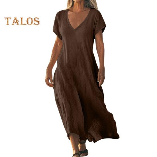 Damekjole i bomull og lin, avslappet, kortermet, v-hals, lang kjole, sommer, strand, ferie, swing, sommerkjole