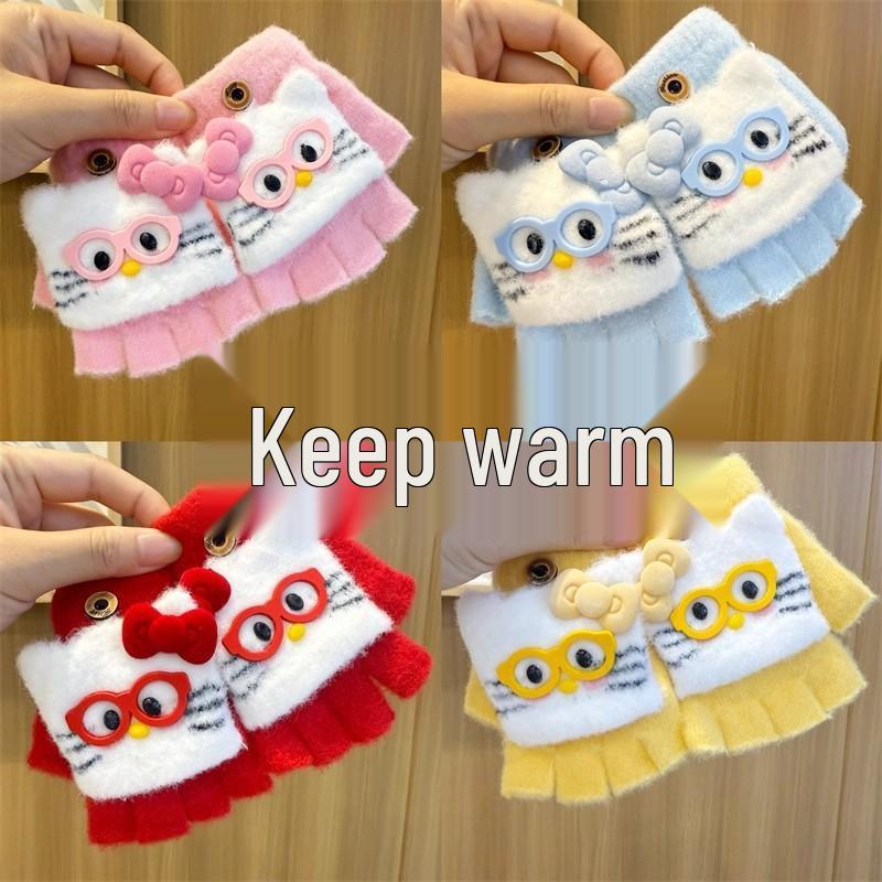 

New! Cute Kids Plush Flip-Top Finger Gloves - Thickened and Warm for Girls