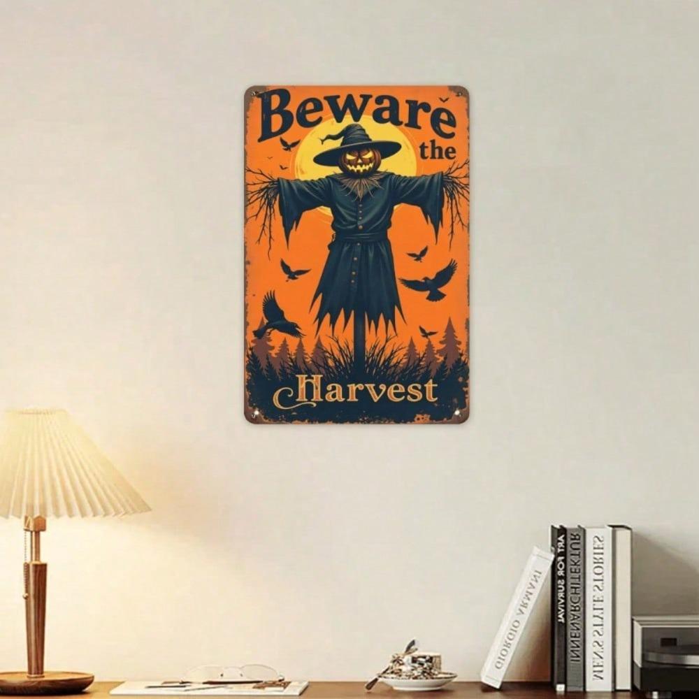 Beware Harvest Vintage Metal Sign, Spooky Halloween Wall Decor, Rustic Farmhouse Hanging Plaque, Frameless Metal Art