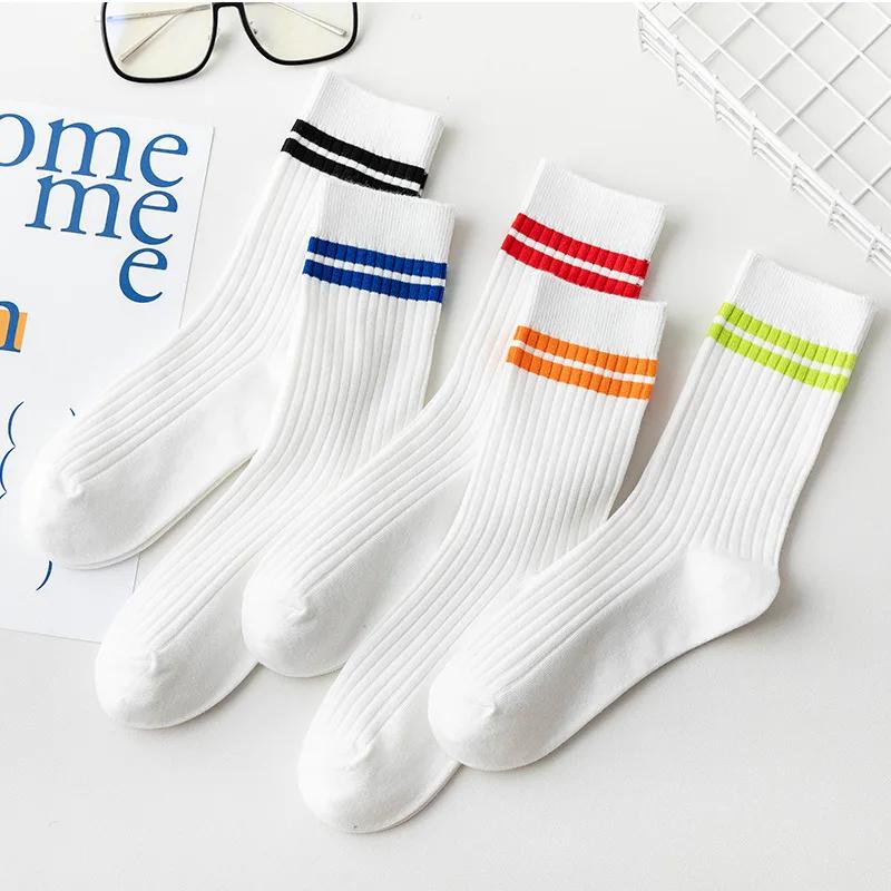 Korean White Orange Striped Socks Women Sport Socks Soft Breathable for High School Students Girls Cotton Long Socks
