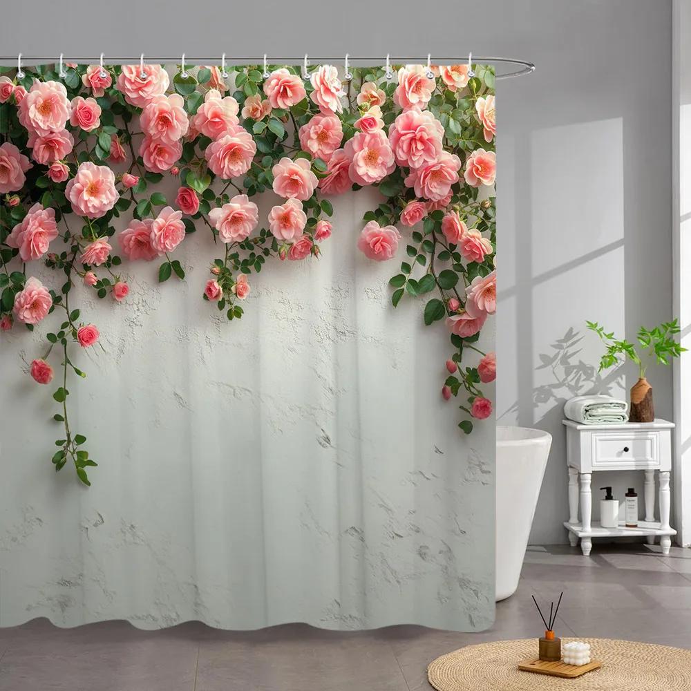 Outdoor Garden Poster Shower Curtain Vintage Window Wall Growing Floral Plants Polyester Fabric Shower Curta Bathroom Decor
