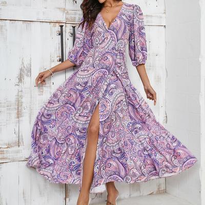 Loose Lace-up V-neck Puff Sleeve Casual Dress Holiday Dress