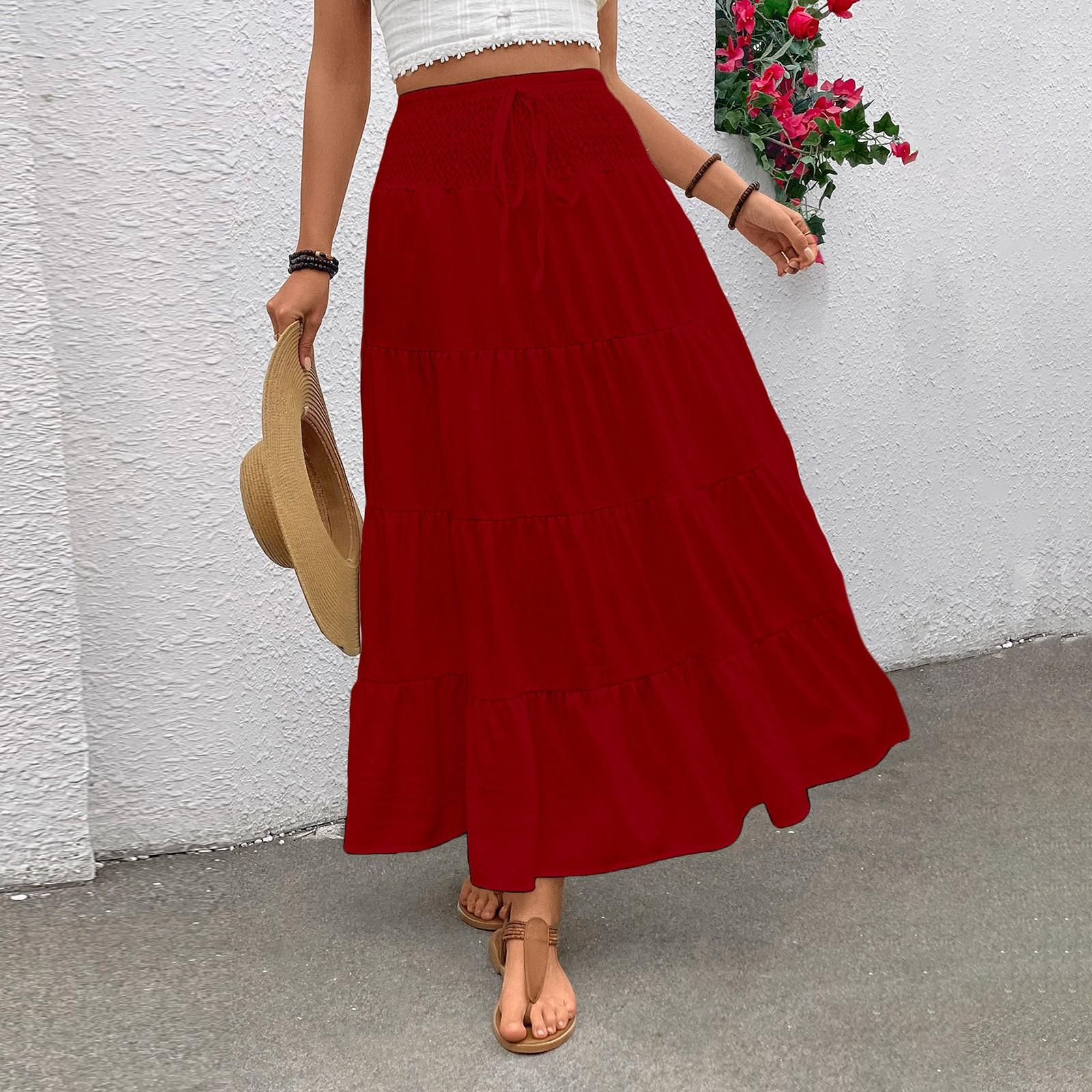 

Женская модная однотонная кружевная эластичная юбка с высокой талией в стиле бохо, повседневная юбка А-силуэта M красный