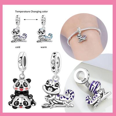 Copper Animal Chameleon Two Cute Pandas Charms Beads Fit Original Bracelet Necklace Fine Jewelry Women Diy Gifts