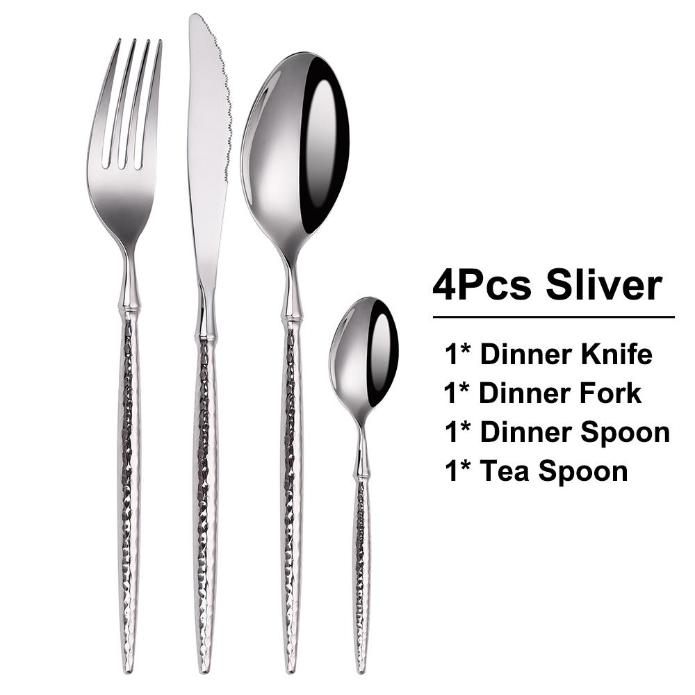 16/20/24Pcs Stainless Steel Tableware Set Gold Cutlery Sliver Knife Fork Spoon Western Hammer Pattern Handle Dinner Set Flatware