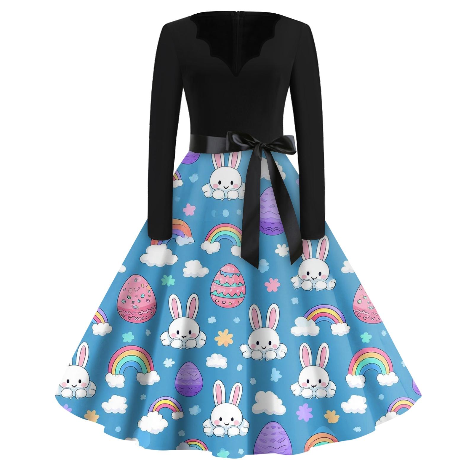 

Print Flare Dress For Women Long Sleeve Dress Hollow Party Casual Dresses L