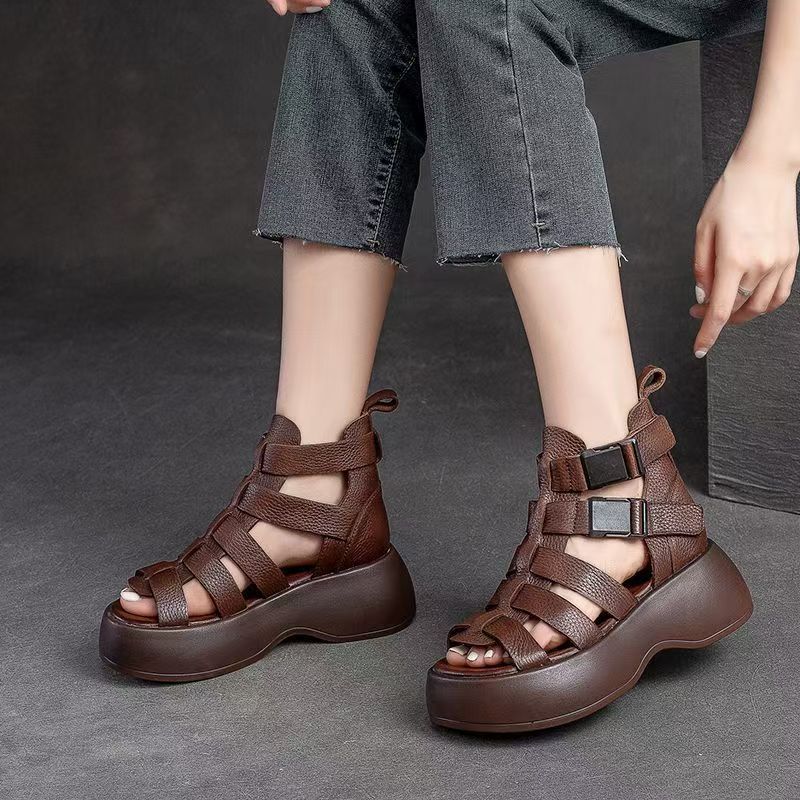 Women Leather Hollow Out Thick Sole Peep Poe Cool Boots Summer New Lightweight Breathable Fashionable Velcro High Top Sandals