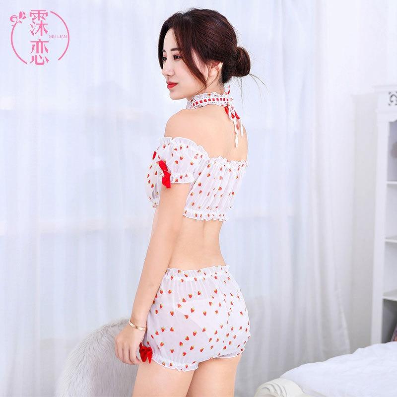 Sex Lingerie Chiffon Strawberry Print Sexy Chest Wrap Perspective Sex Uniform Seduction Cosplay