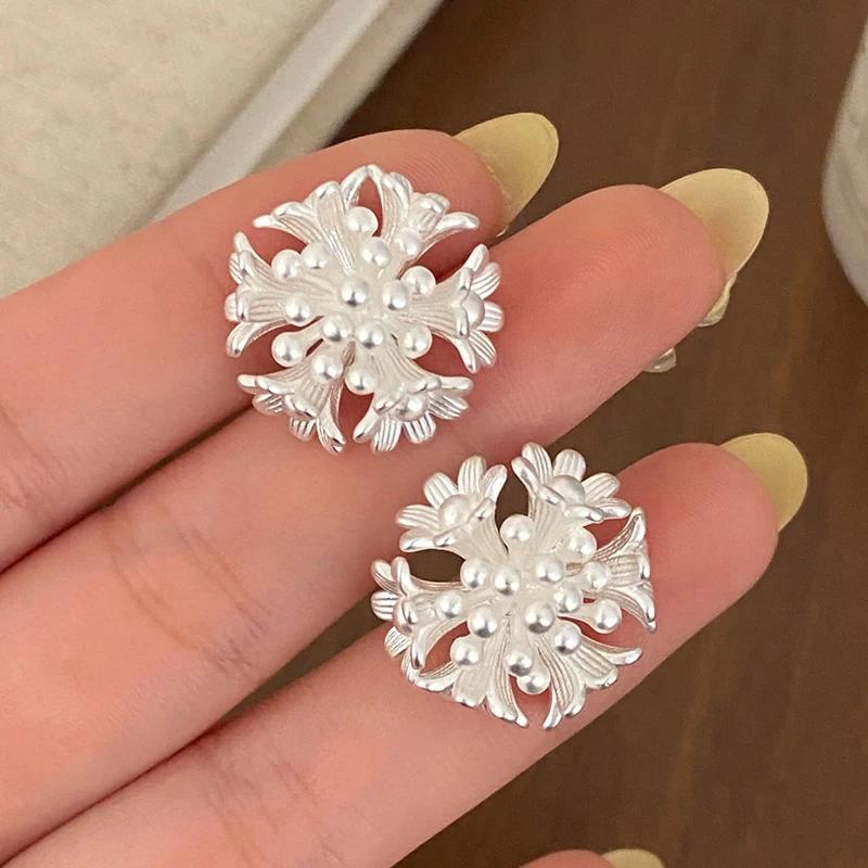 Real  Sterling Silver 18K Gold Matte Vintage Flower Stud Earring for Women Light Luxury Fine  Minimalist Accessory