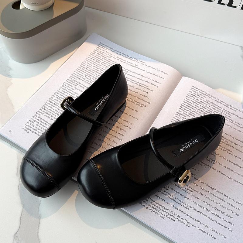 

Spring Mary Jane shoes shallow mouth oneword buckle retro round head flat shoes fattened and widened large size women s shoes 45 чорний