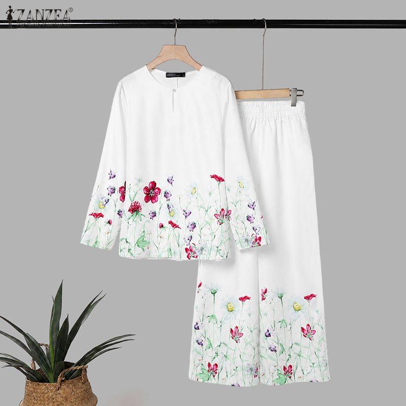 ZANZEA Women Long Sleeve Blouse and Long Pants Floral Print Casual Two Piece Sets