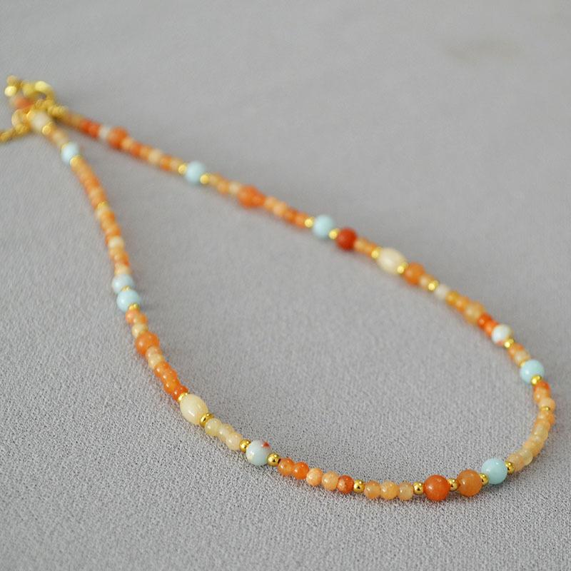 Niche Design Retro Orange Natural Stone Beaded Simple Temperament Commuter Necklace Collarbone Chain
