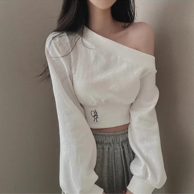 Real Spice Girl Sweet Sa Wind Slant Neck Off-Shoulder Sweater Women's Autumn Loose Embroidery Short Navel Top