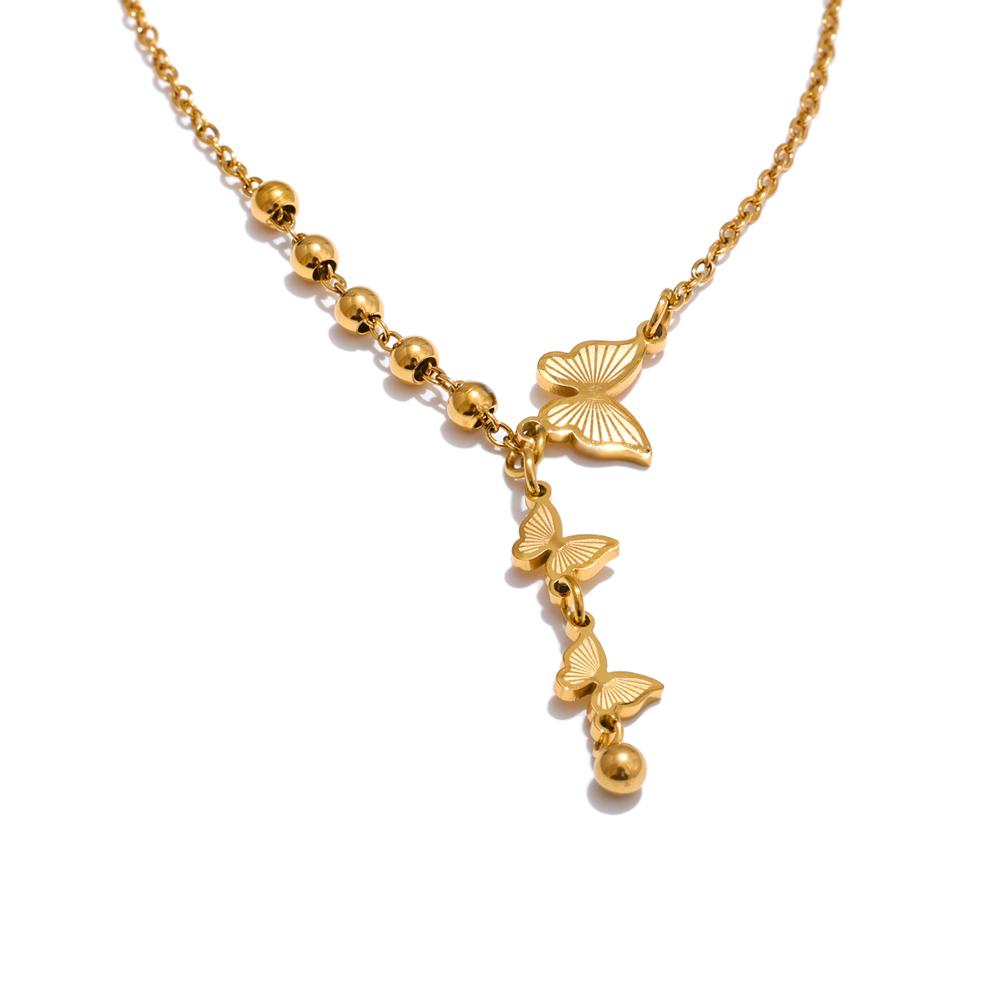 

Yhpup Stainless Steel Butterfly Popular Necklace Pendant 18K Gold Color Plated Beads Chain Fashion Collar Jewelry