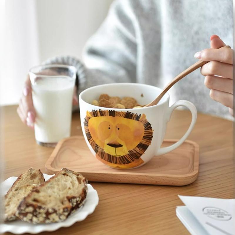 600ml Velkokapacitní keramický hrnek slon s víčkem a lžičkou – Roztomilý zvířecí design Snídaňová miska, Miska na ovesnou kaši, Šálek na kávu