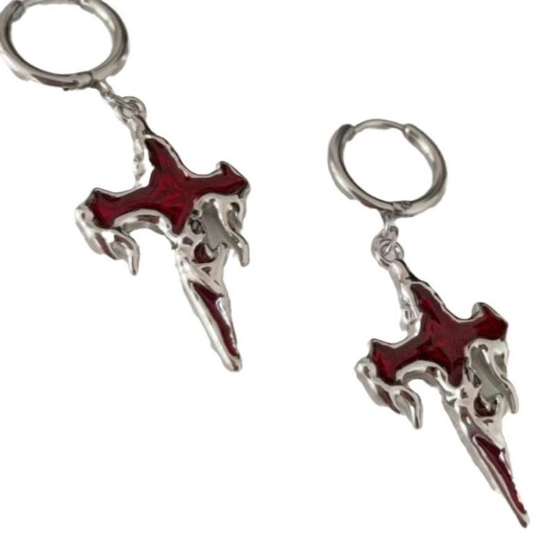 Dark Gothic Punk Flame Lava Cross Earrings - Y2K Retro Hot Girl Style