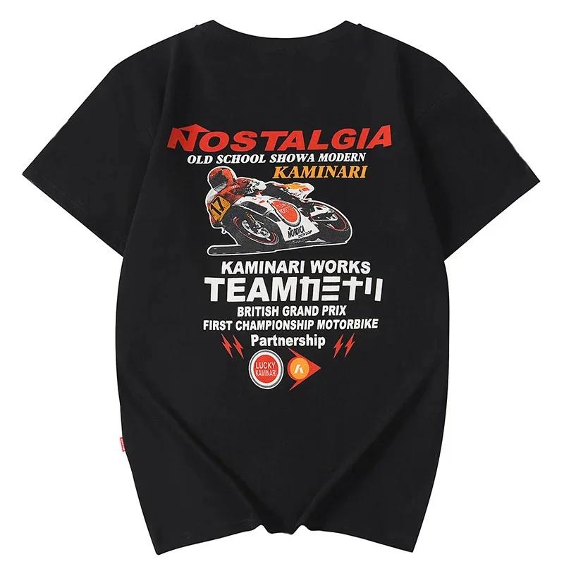 Summer American Retro Short-sleeved O-neck Motorcycle Printed T-shirt Men's Fashion Simple 100% Cotton Washed Casual Sport Tops