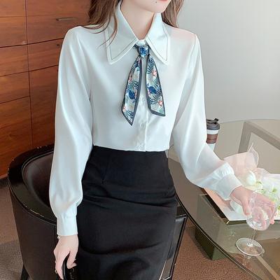 Frühlingsmode Damen Krawatte Hemd und Bluse Chiffon Langarm Slim Bow Formale Tops
