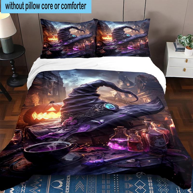 Witch's Hat And Crescent Moon 3pcs Bedding,Including 1pc Duvet Cover And 2pcs Pillowcases Perfect for Christmas,Ideal for Bedroom, Dormitory