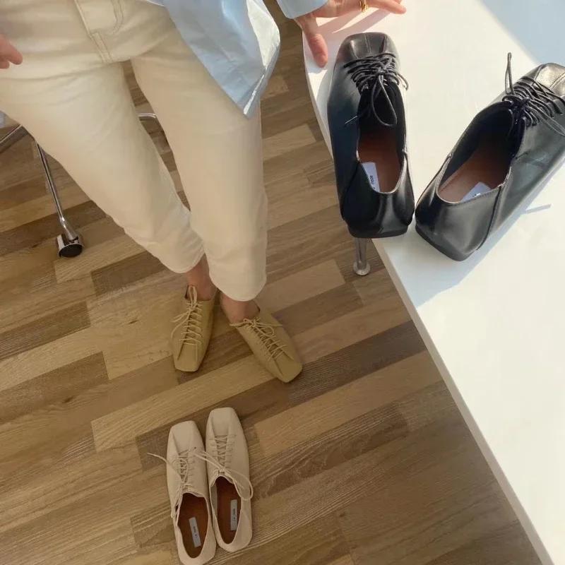 Retro Soft Sole Single Shoes Women Square Toe Lace-up Solid Colour Flats Lightweight Comfortable Loafers Femininos