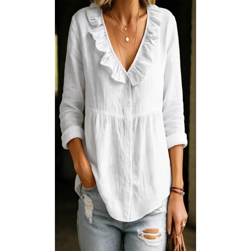 Solid Color Ruffled Long Sleeve V Neck Casual Womens Blouse