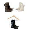 Round head belt buckle stacking boots women's autumn and winter retro new sleeve design soft leather wind boots