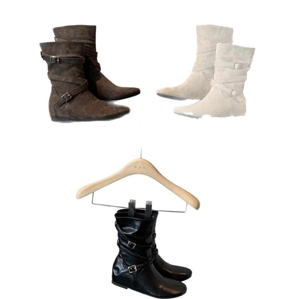 Round head belt buckle stacking boots women's autumn and winter retro new sleeve design soft leather wind boots
