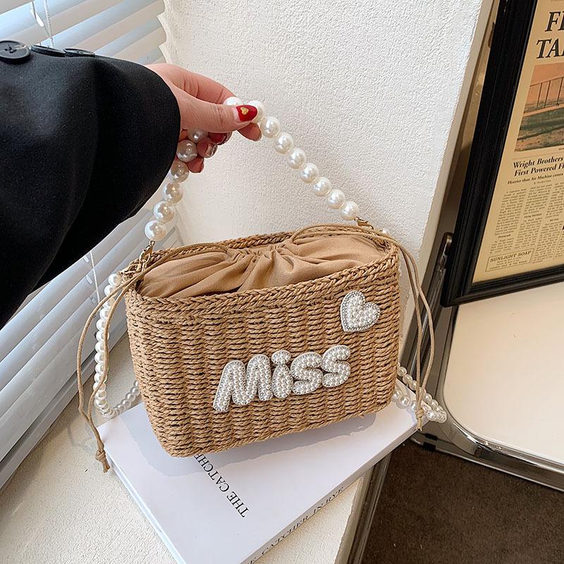 Summer Straw Bag Women's Pearl Hand Woven Bag Fairy Beach Vacation Beach Bag Chain Crossbody Bag