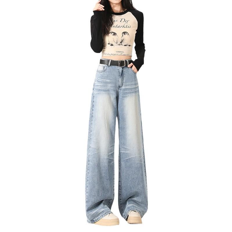 Summer 2025 Women's Light Blue High-Waist Wide-Leg Jeans - Slim Drape, Loose Fit, Narrow Straight Style