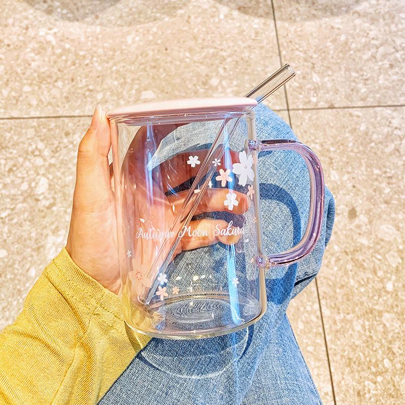 High value Japanese cherry blossom with lid spoon water cup high borosilicate high temperature resistant office women's large capacity glass summer