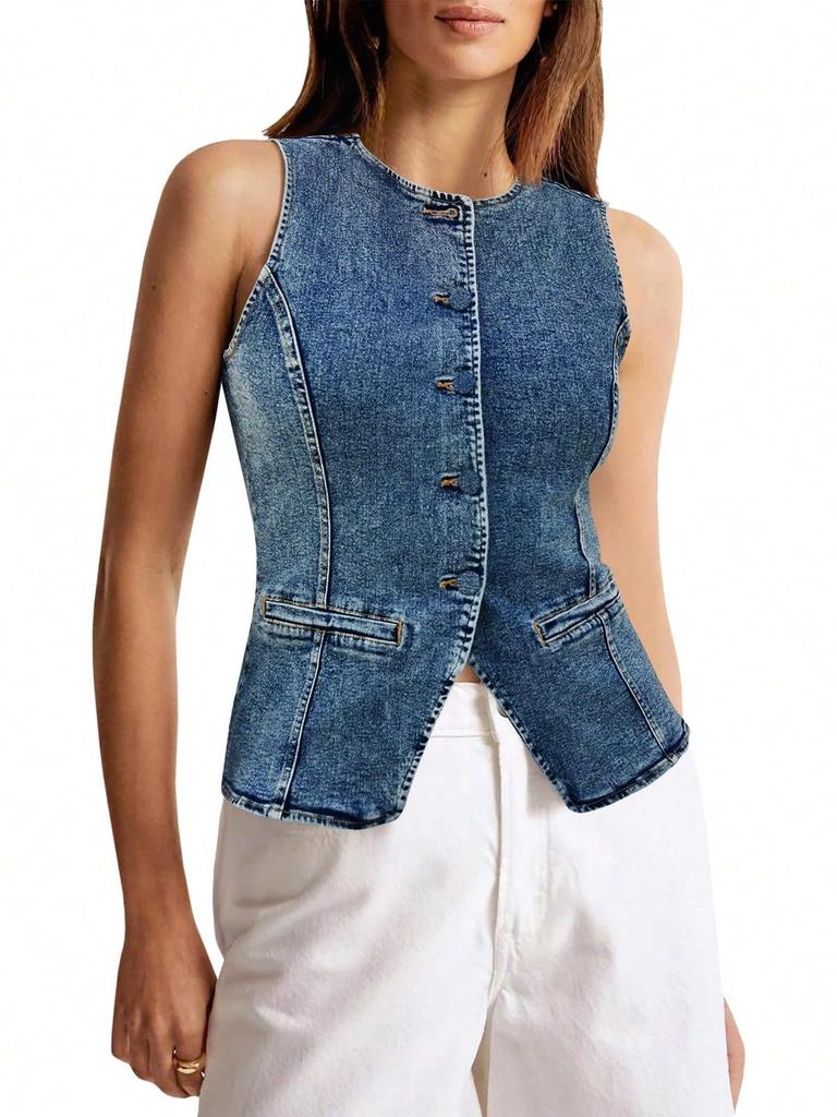 Gilet di Jeans da Donna Bottoni Senza Maniche Canotta di Jeans Gilet Casual