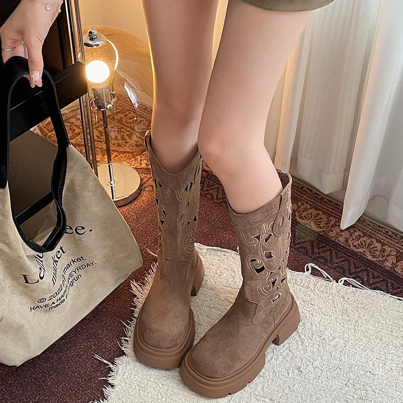 Fashion AVintage Hollow Out Women Western Cowboy Boots Fashion Slip On Thick Bottom Shoes Spring Autumn Knight Botas