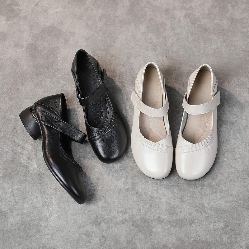Cowhide Women's Shoes Simple Middle-aged Mother Single Shoes Four Seasons Women's Leather Shoes Thick Heel Work Shoes Casual Mother Shoes