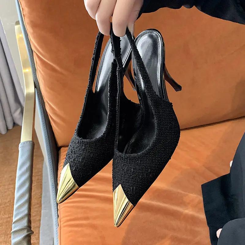 Summer 2025 Gold Leather Footwear High Heels Black Pointed Toe for Office Work Sandals Woman Thin Sexy Women's Shoes F Sandal H